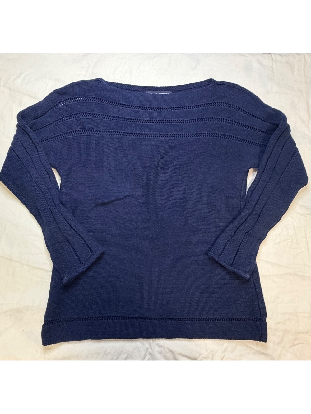 Jones New York Navy Blue Boatneck Knit Sweater Crochet Pointelle Details M